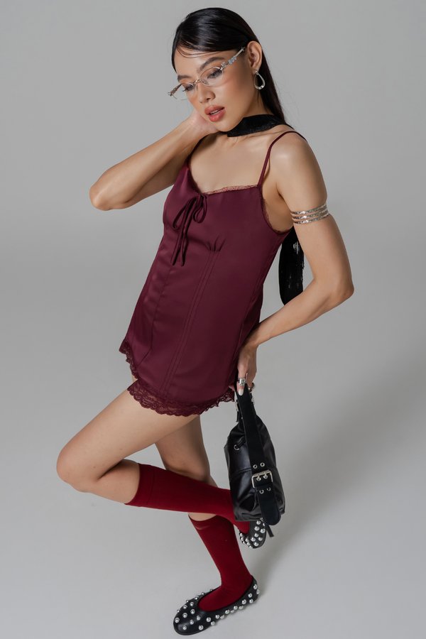 Hush Ribbon Lace Top in Sangria Red