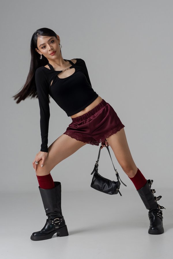 Whisper Lounge Lace Shorts in Sangria Red