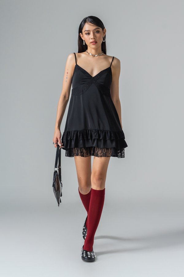 Charmed Tiered Lace Dress in Black