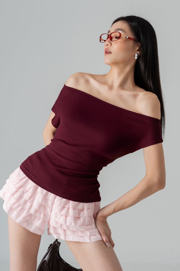 Decompress Tie Off Shoulder Top in Dark Red