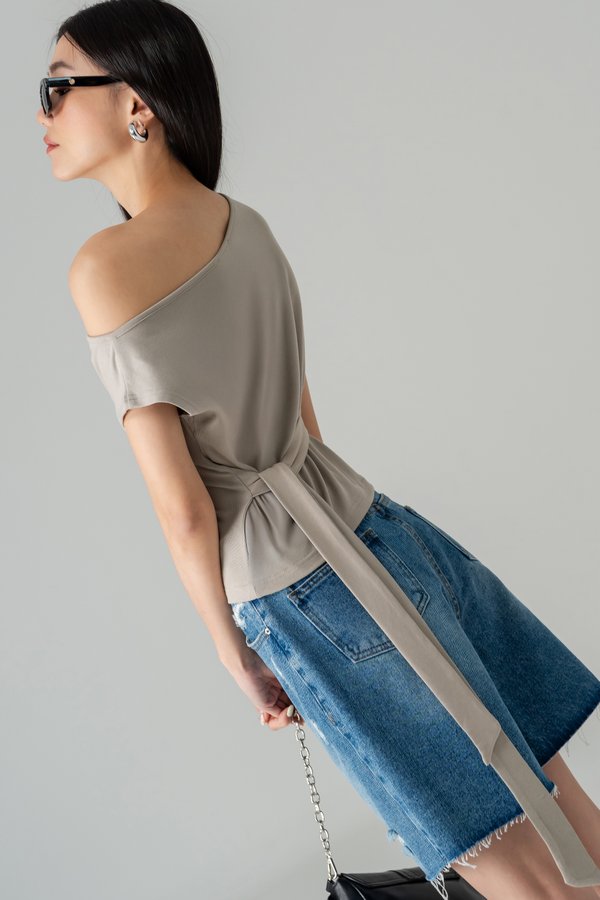 Decompress Tie Off Shoulder Top in Greige