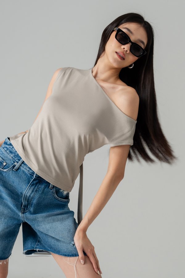 Decompress Tie Off Shoulder Top in Greige