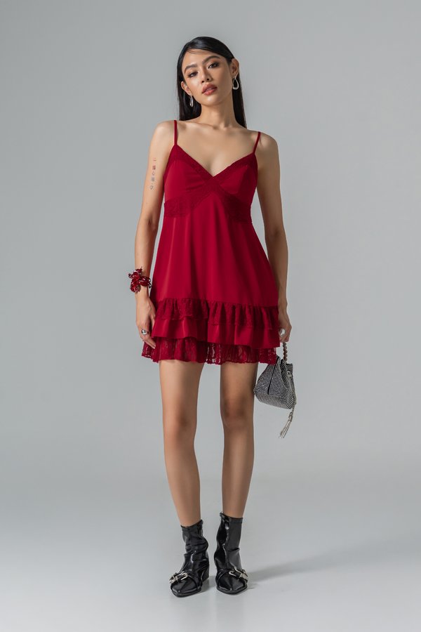 Charmed Tiered Lace Dress in Chilli Red