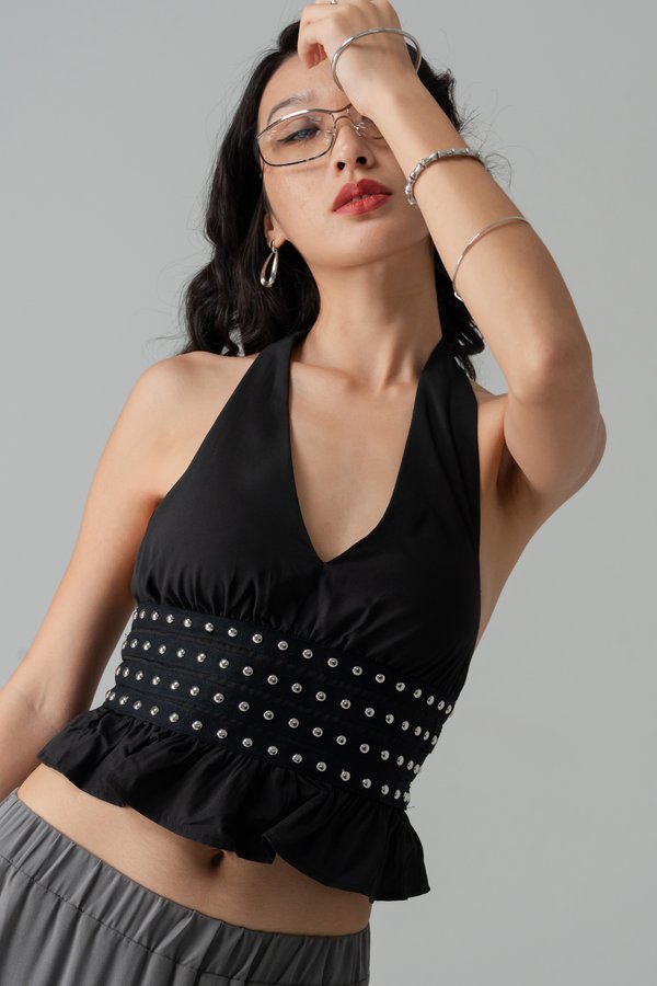 Pixel Studded Halter Top in Black