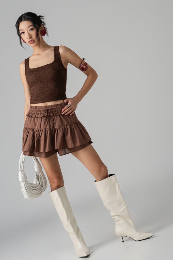 Woo Tiered Linen Skirt in Coffee Brown