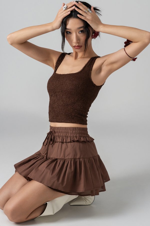 Woo Tiered Linen Skirt in Coffee Brown