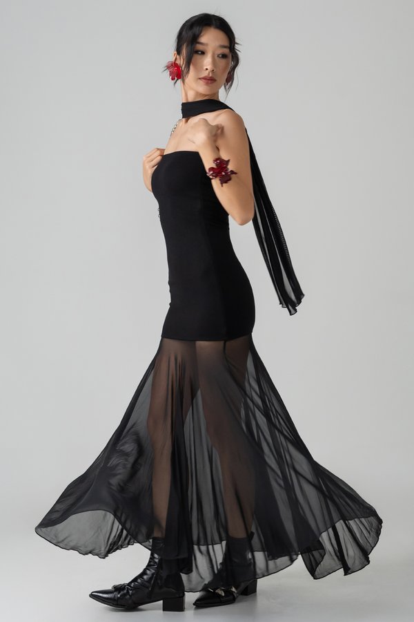 Ethereal Mesh Maxi Dress in Black