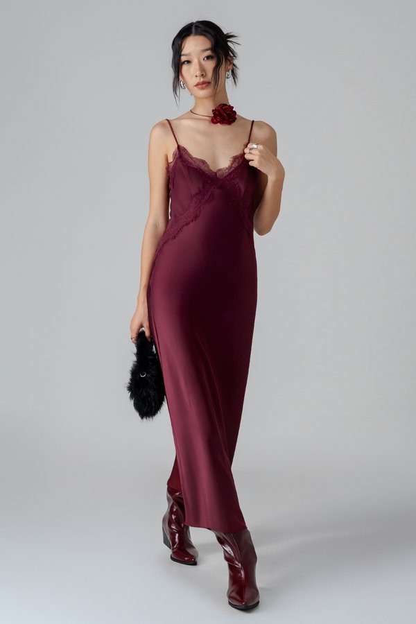 Mojo Lace Trim Maxi Dress in Sangria Red