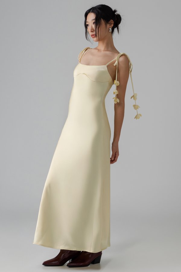 Petal Satin Maxi Dress in Pastel Yellow