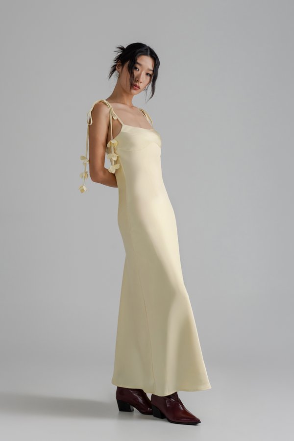 Petal Satin Maxi Dress in Pastel Yellow