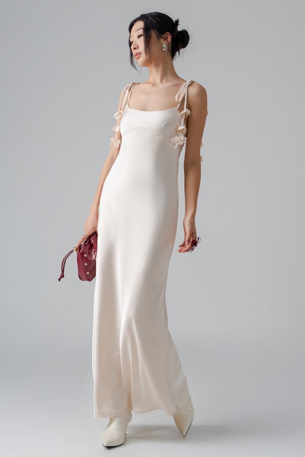 Petal Satin Maxi Dress in Champagne Beige