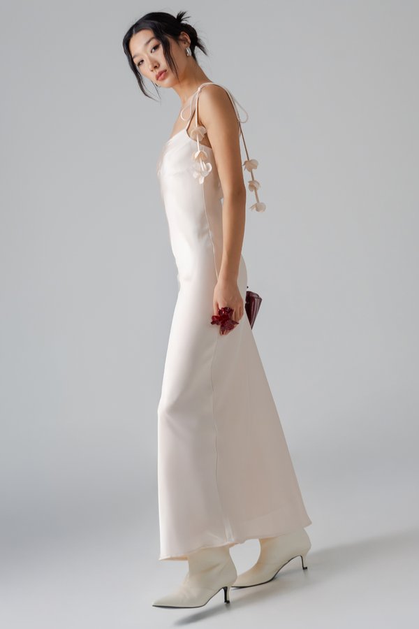 Petal Satin Maxi Dress in Champagne Beige
