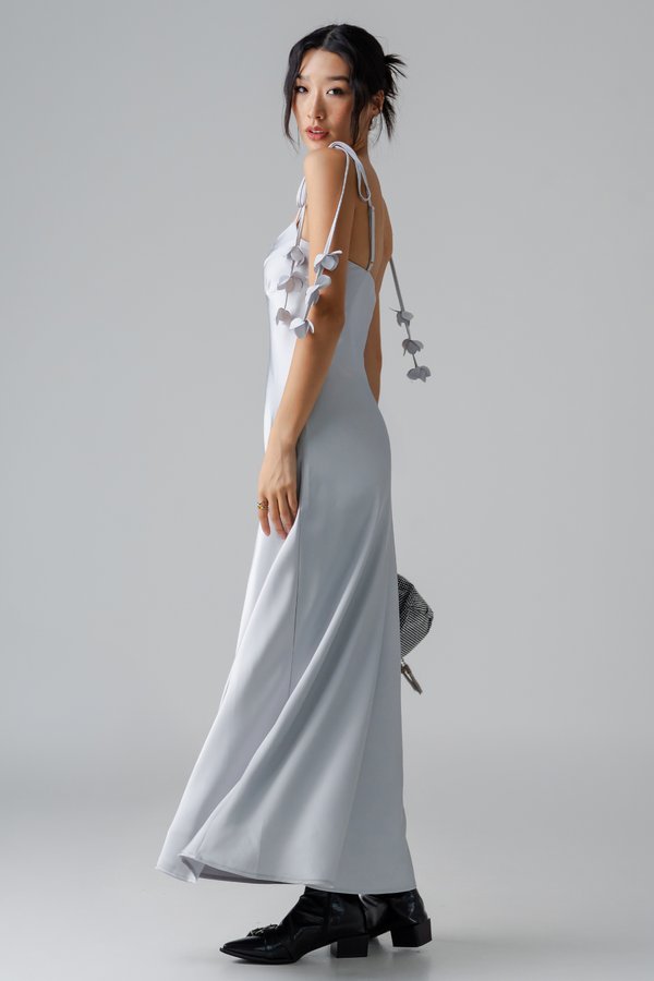 Petal Satin Maxi Dress in Soft Blue