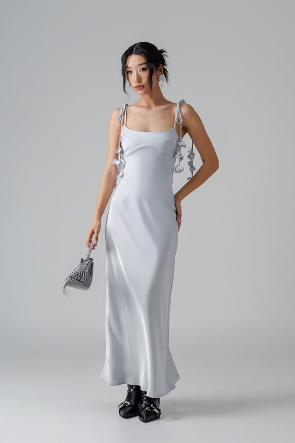 Petal Satin Maxi Dress in Soft Blue