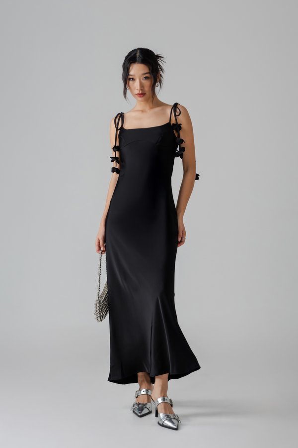 Petal Satin Maxi Dress in Black