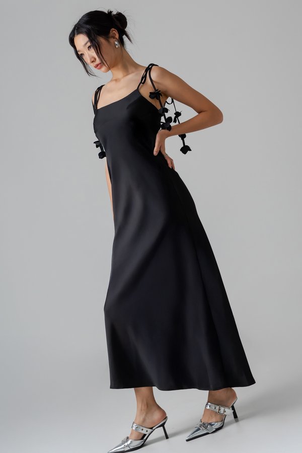 Petal Satin Maxi Dress in Black