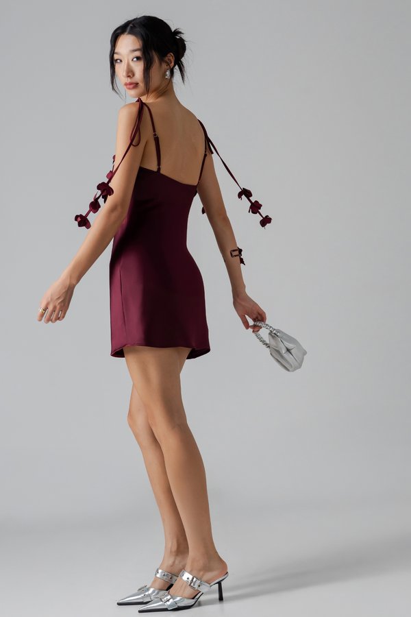 Petal Satin Mini Dress in Sangria Red