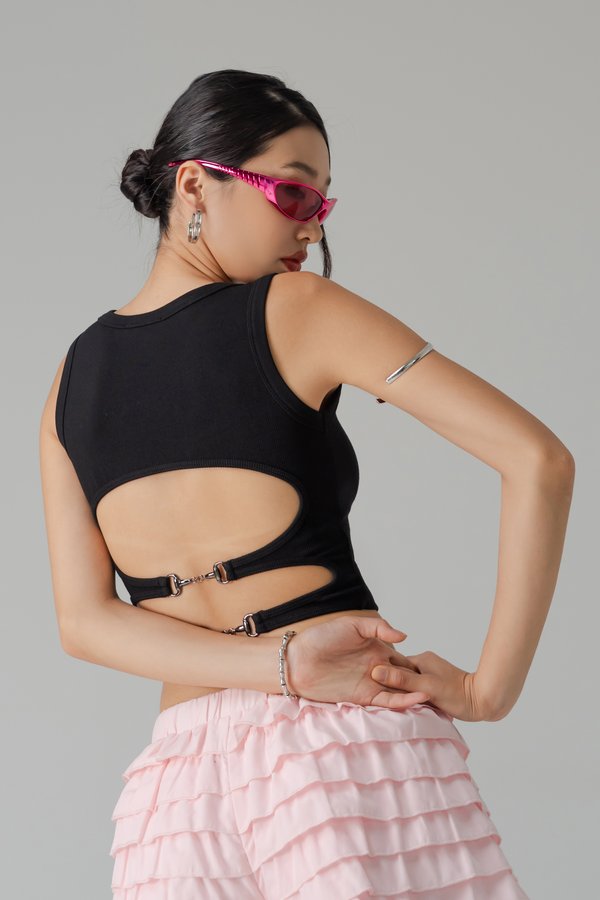 Once Open Back Buckle Top in Black