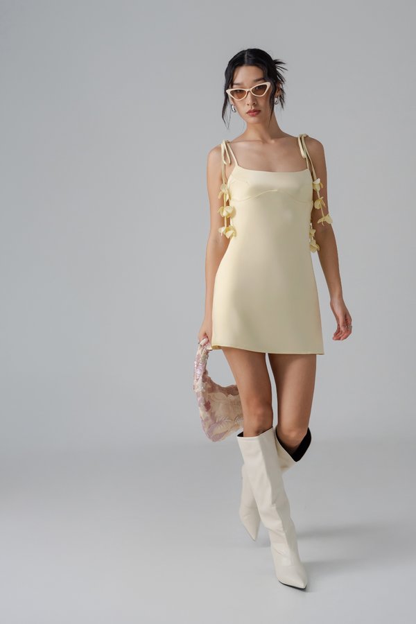 Petal Satin Mini Dress in Pastel Yellow