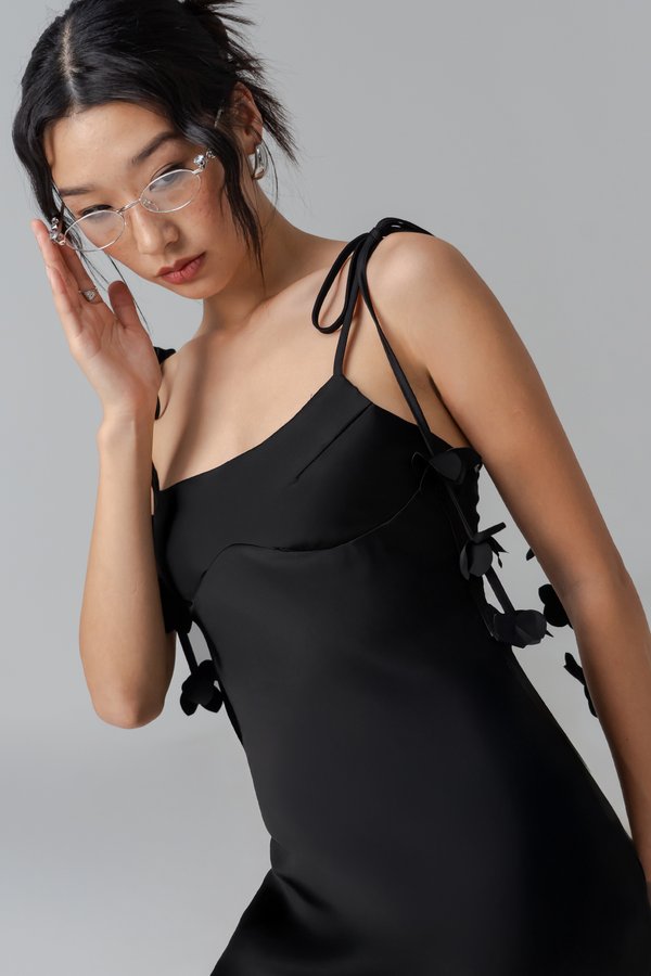 Petal Satin Mini Dress in Black