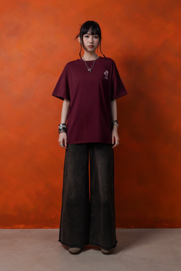 Confused Rooster Tee in Dark Carmine