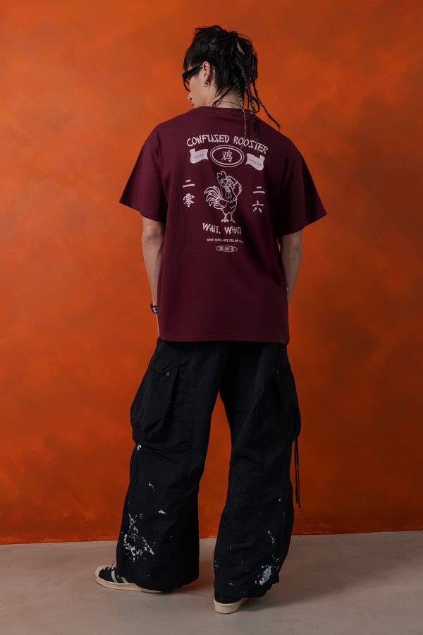 Confused Rooster Tee in Dark Carmine