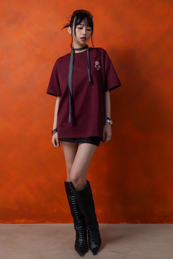 Sleepy Tiger Tee in Dark Carmine