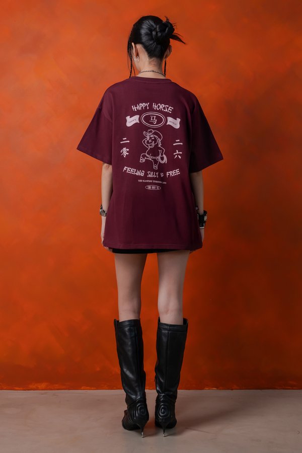 Happy Horse Tee in Dark Carmine