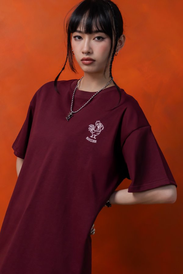 Confused Rooster Tee in Dark Carmine
