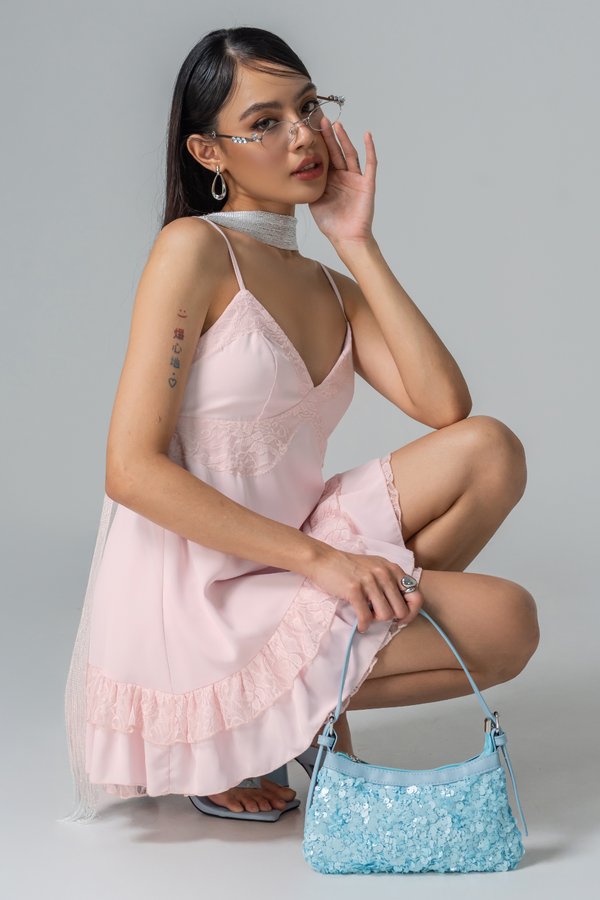 Charmed Tiered Lace Dress in Pastel Pink