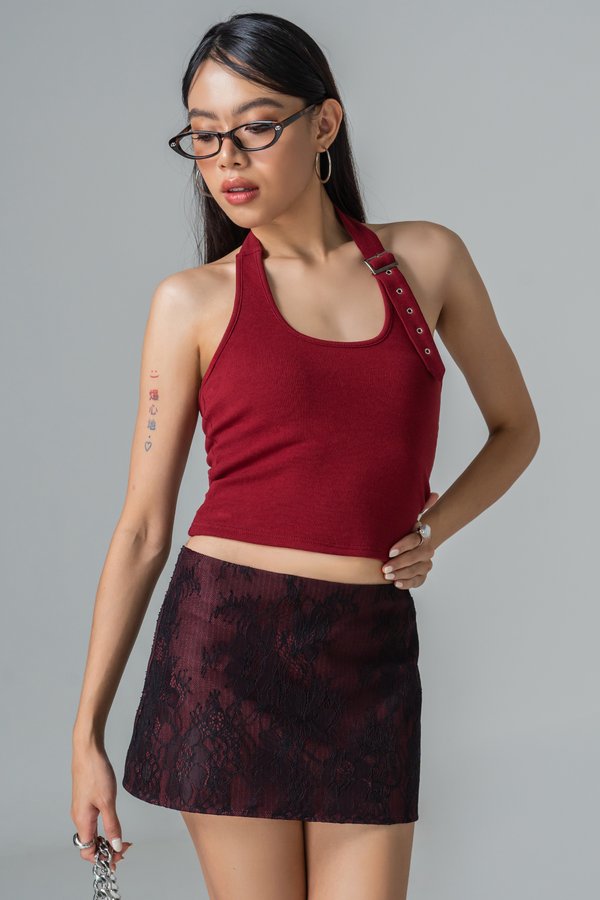 Unseen Lace Pinstripe Skirt in Huat Red