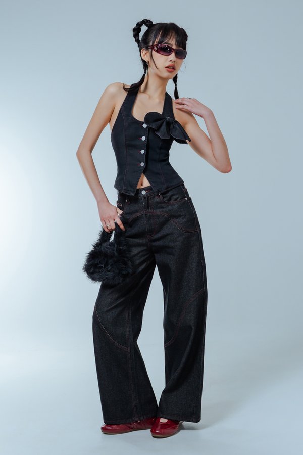 Dippin' Denim Vest Top in Grey Wash with Red Threads