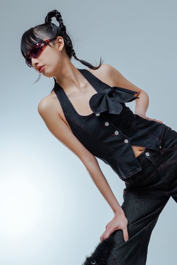 Dippin' Denim Vest Top in Grey Wash with Red Threads