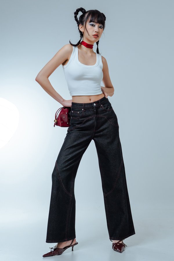 Endless Fortune Stitched Jeans in Grey Wash with Red Threads