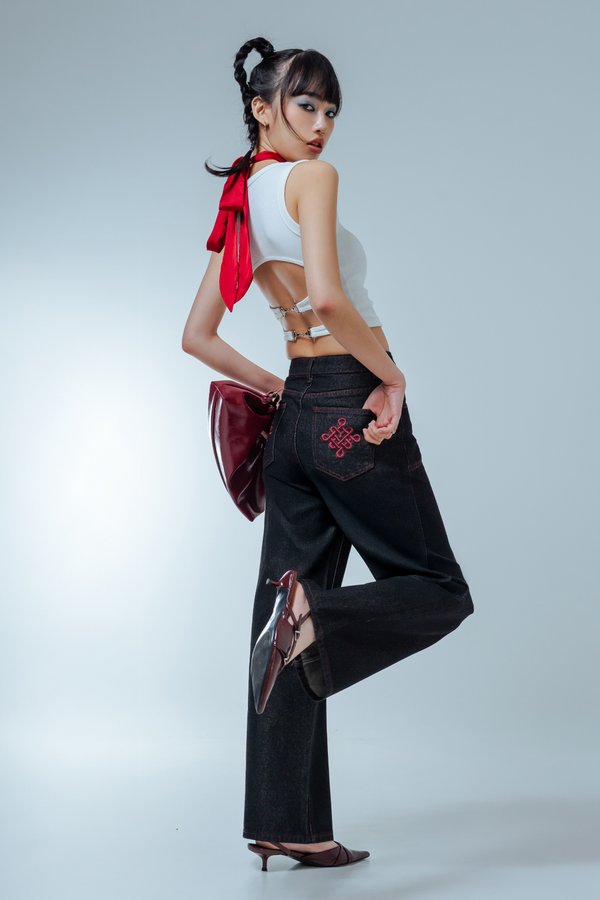 Endless Fortune Stitched Jeans in Grey Wash with Red Threads