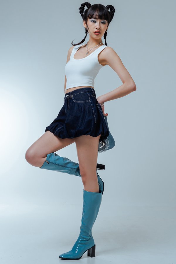 Blessin' Bubble Denim Mini Skirt in Indigo with Pink Threads