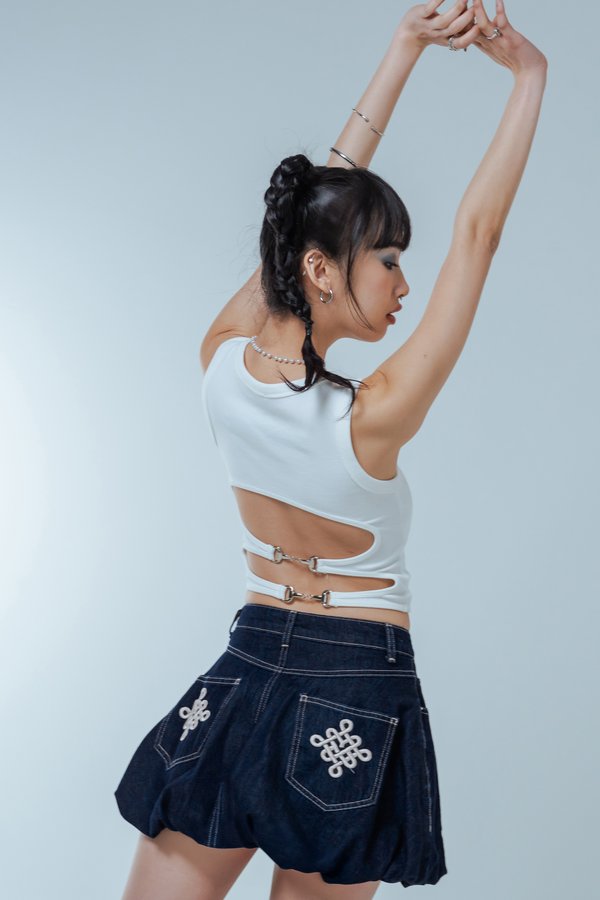 Blessin' Bubble Denim Mini Skirt in Indigo with Pink Threads