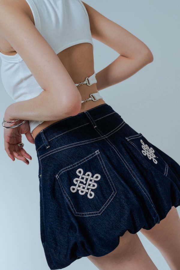 Blessin' Bubble Denim Mini Skirt in Indigo with Pink Threads