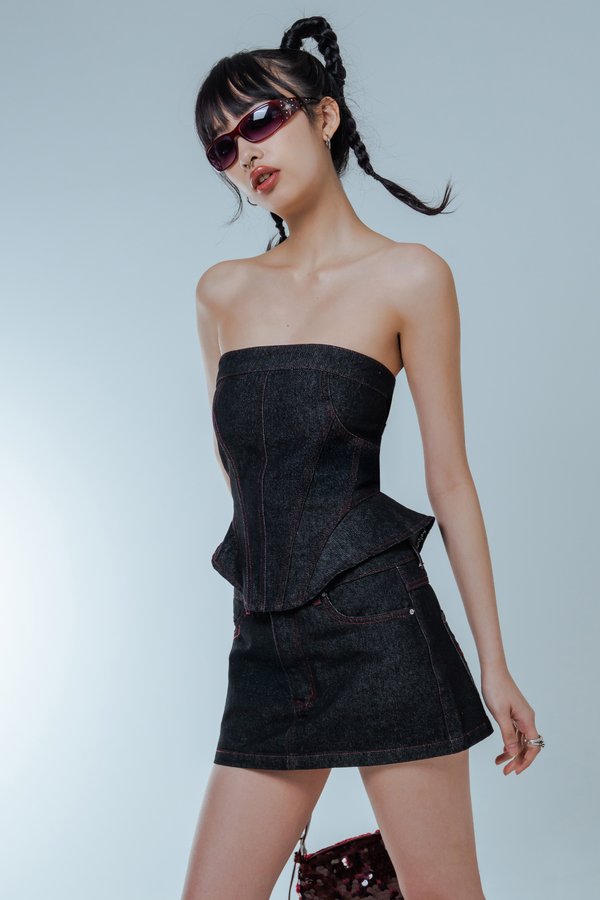 Prosperous Denim Mini Skirt in Grey Wash with Red Threads