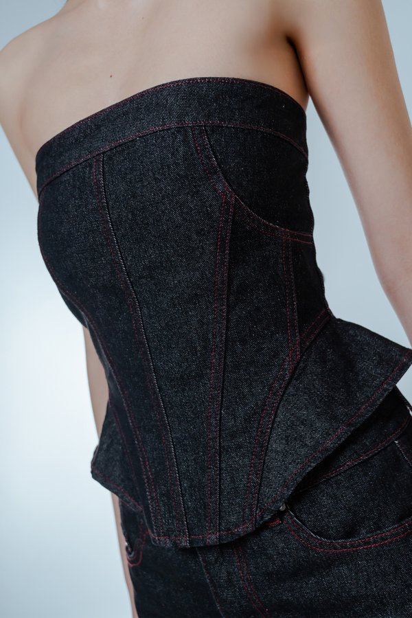 Fav Denim Tube Top in Grey Wash with Red Threads