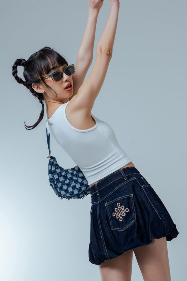 Blessin' Bubble Denim Mini Skirt in Indigo with Brown Threads