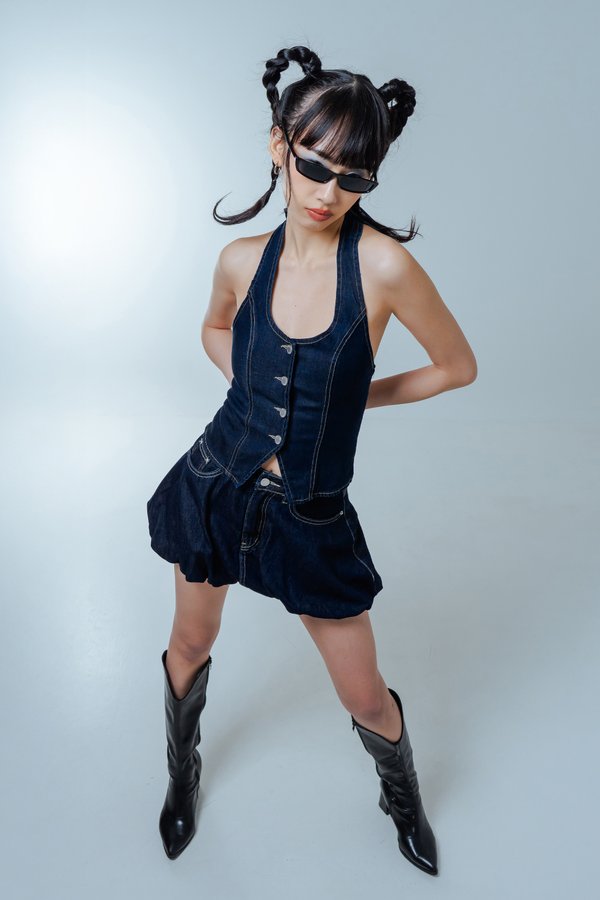 Dippin' Denim Vest Top in Indigo with Brown Threads