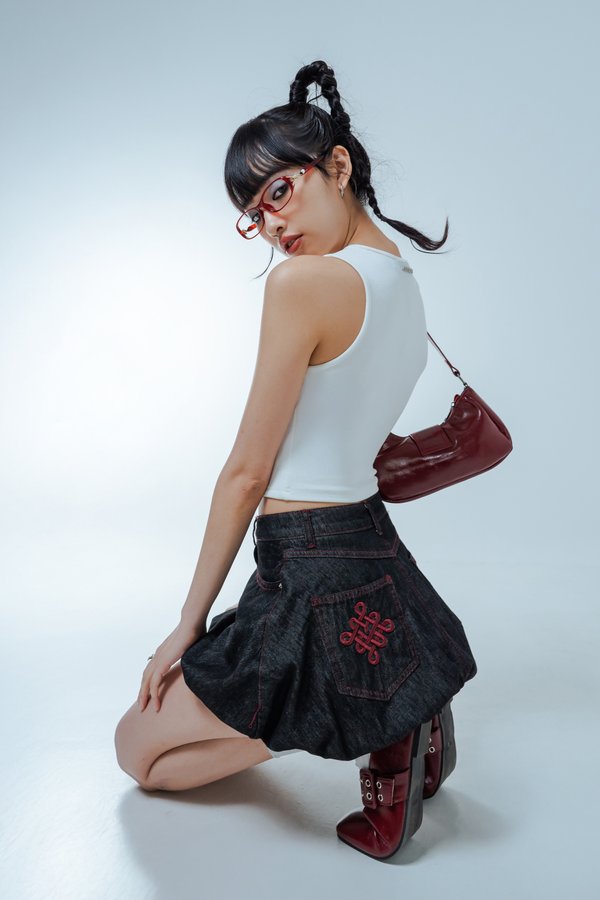 Blessin' Bubble Denim Mini Skirt in Grey Wash with Red Threads