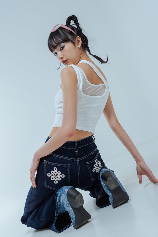 Endless Fortune Stitched Jeans in Indigo with Pink Threads