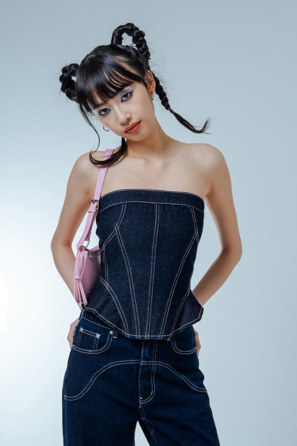 Fav Denim Tube Top in Indigo with Pink Threads