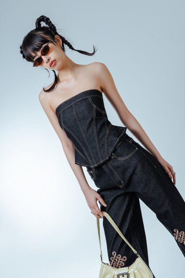 Fav Denim Tube Top in Grey Wash with Brown Threads