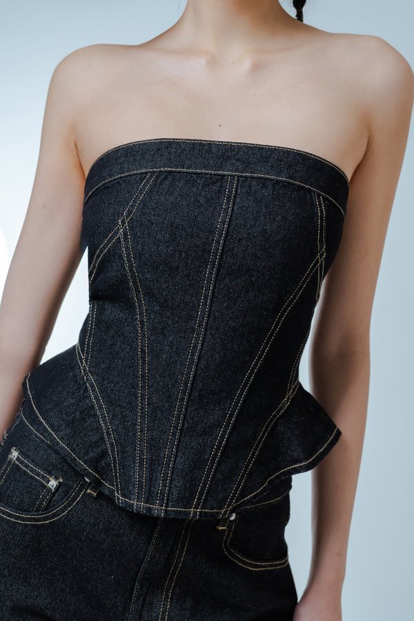 Fav Denim Tube Top in Grey Wash with Brown Threads