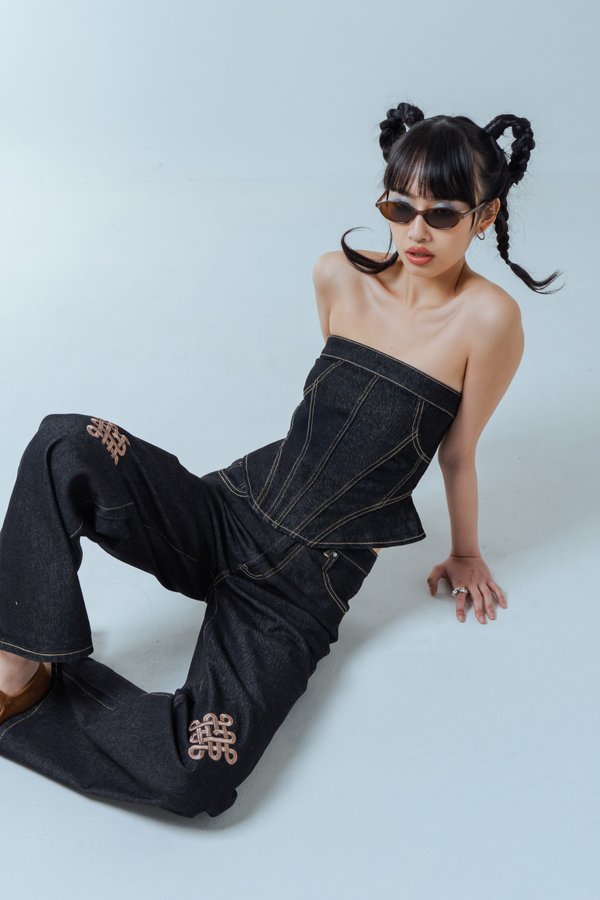 Fav Denim Tube Top in Grey Wash with Brown Threads