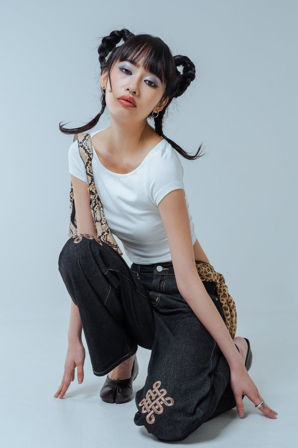 Lucky Knot Jeans in Grey Wash with Brown Threads