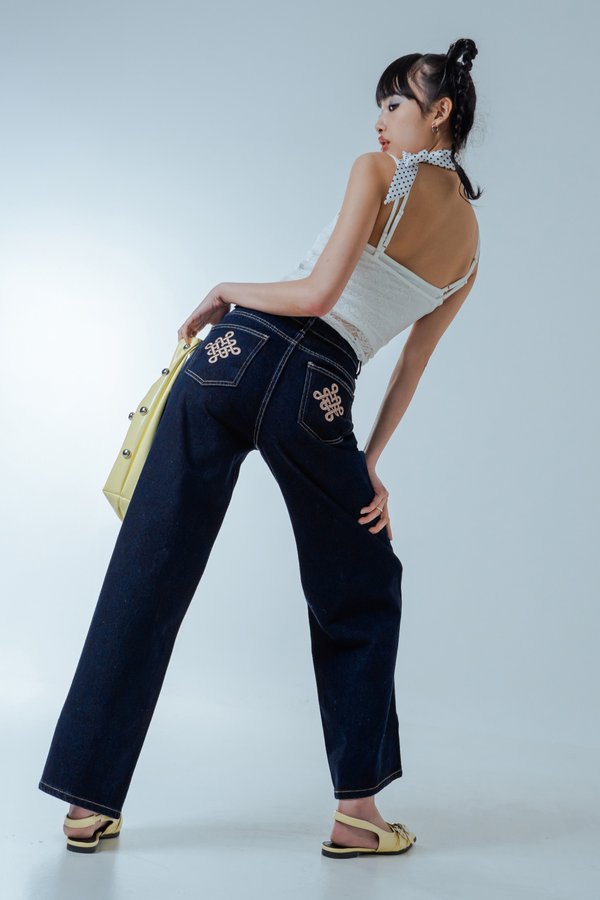 Endless Fortune Stitched Jeans in Indigo with Brown Threads